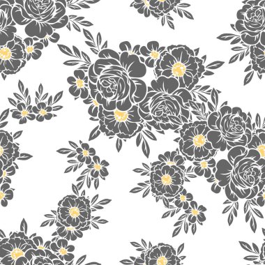 Sorunsuz vintage tarzı çiçek deseni. Siyah ve beyaz çiçek öğeleri.