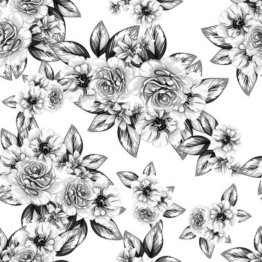 Sorunsuz vintage tarzı çiçek deseni. Siyah ve beyaz çiçek öğeleri.