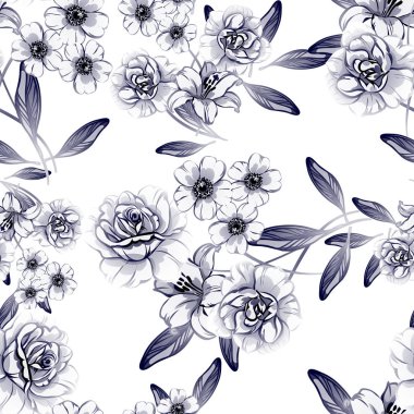 Sorunsuz vintage tarzı tek renkli renkli çiçek deseni. Çiçek öğeleri.