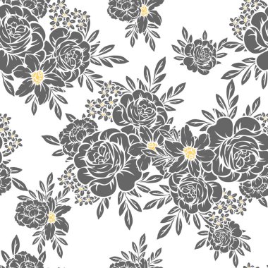 Sorunsuz vintage tarzı çiçek deseni. Siyah ve beyaz çiçek öğeleri.