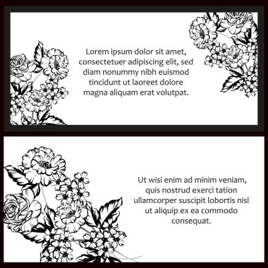 Siyah-beyaz klasik çiçek düğün kartları. Çiçek elementleri ve çerçeveleri.