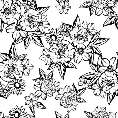 Sorunsuz vintage tarzı çiçek deseni. Siyah ve beyaz çiçek öğeleri.