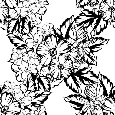 Sorunsuz vintage tarzı çiçek deseni. Siyah ve beyaz çiçek öğeleri.