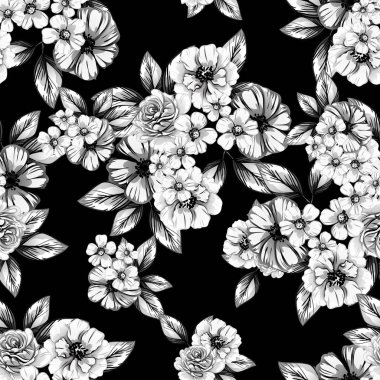 Sorunsuz vintage tarzı çiçek deseni. Siyah ve beyaz çiçek öğeleri.