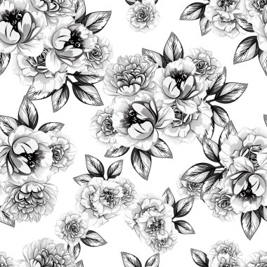 Sorunsuz vintage tarzı çiçek deseni. Siyah ve beyaz çiçek öğeleri.