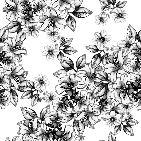 Patrón Flores Estilo Vintage Sin Costuras Elementos Florales Blanco Negro — Vector de stock