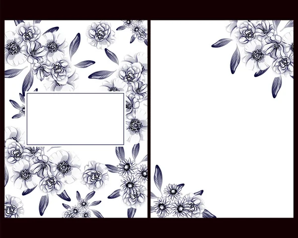 Style Vintage Cartes Mariage Fleurs Ensemble Éléments Floraux Monochromes Cadres — Image vectorielle