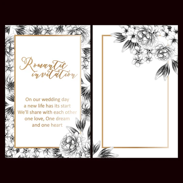 Cartes Mariage Fleurs Style Vintage Noir Blanc Eléments Floraux Cadres — Image vectorielle