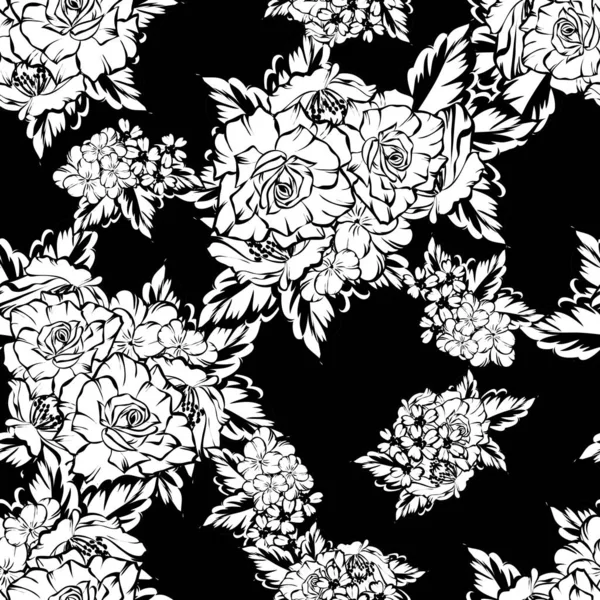 Nahtlose Blumenmuster Vintage Stil Florale Elemente Schwarz Und Weiß — Stockvektor