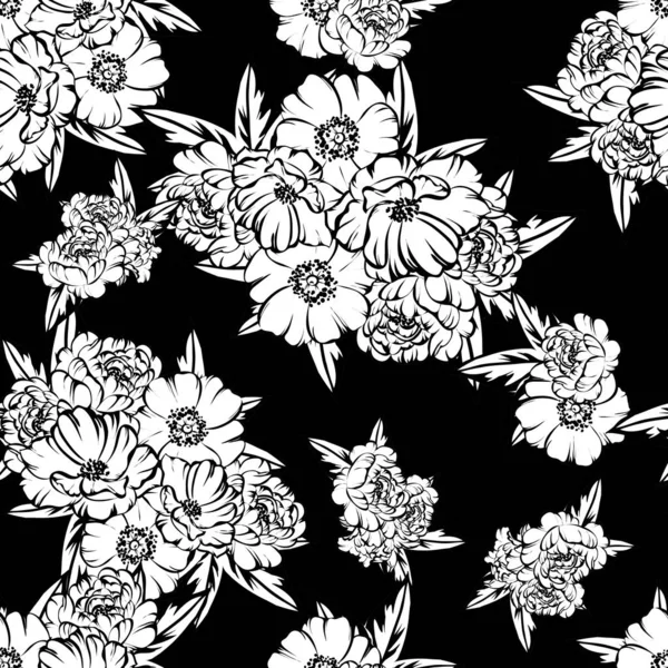 Nahtlose Blumenmuster Vintage Stil Florale Elemente Schwarz Und Weiß — Stockvektor