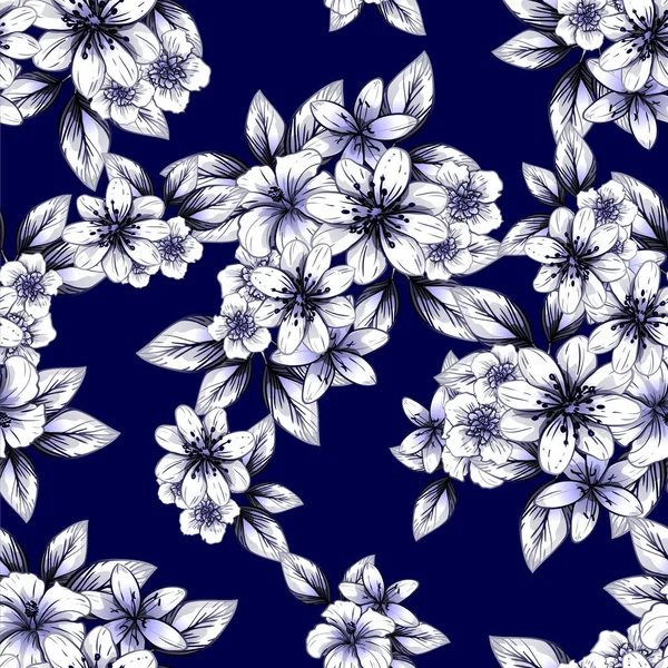 Estilo Vintage Inconsútil Patrón Flores Color Monocromo Elementos Florales — Vector de stock