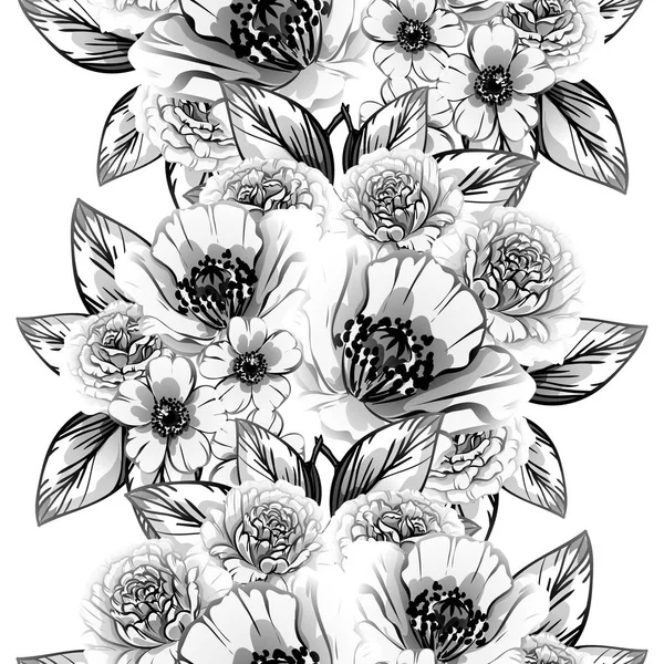 Seamless Vintage Style Flower Pattern Floral Elements Black White — Stock Vector