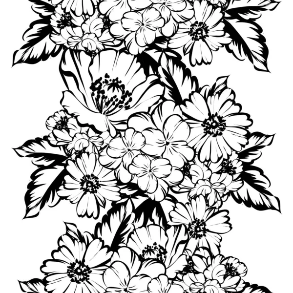 Patrón Flores Estilo Vintage Sin Costuras Elementos Florales Blanco Negro — Vector de stock