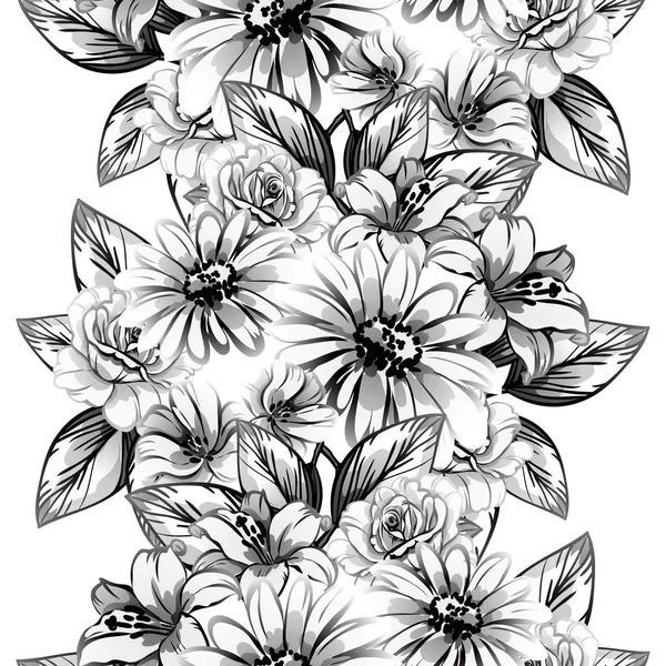 Modèle Fleur Style Vintage Sans Couture Eléments Floraux Noir Blanc — Image vectorielle