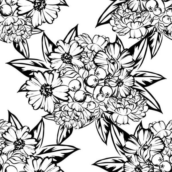 Naadloze Vintage Stijl Bloemenpatroon Floral Elementen Zwart Wit — Stockvector