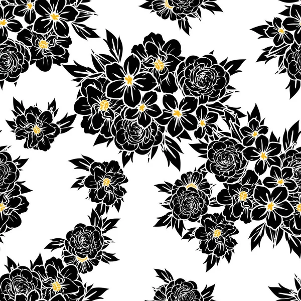 Seamless Vintage Style Flower Pattern Floral Elements Black White — Stock Vector