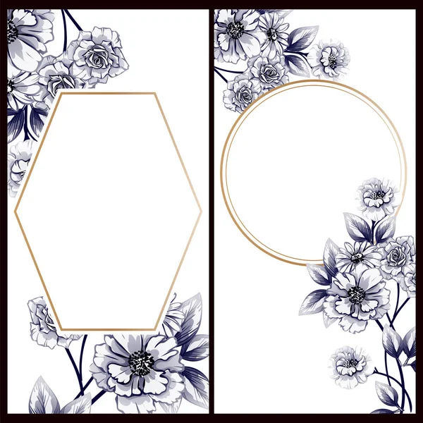 复古风格的花卉结婚贺卡设置 单色彩色花卉元素和框架 — 图库矢量图片