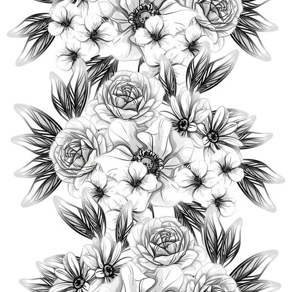 Seamless Vintage Style Flower Pattern Floral Elements Black White — Stock Vector