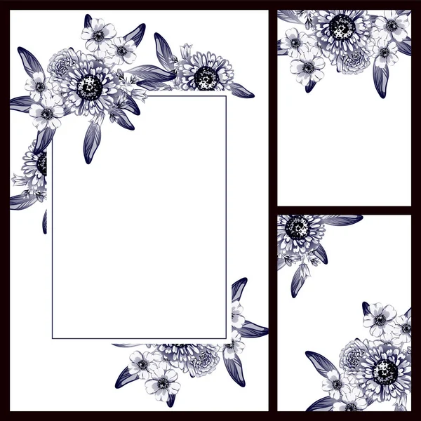 ビンテージ スタイルの花の結婚式のカードを設定します モノクロ色花の要素とフレーム — ストックベクタ