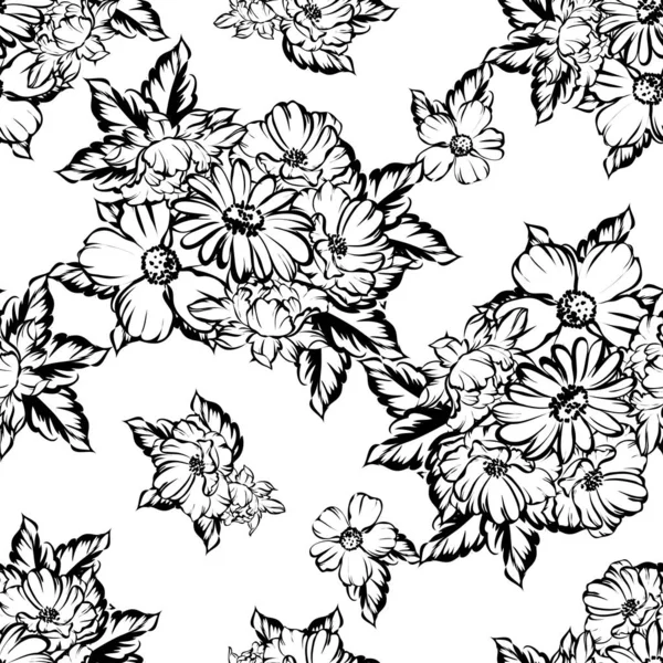 Sorunsuz vintage tarzı çiçek deseni. Siyah ve beyaz çiçek öğeleri.