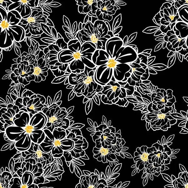 Padrão Flor Estilo Vintage Sem Costura Elementos Florais Preto Branco — Vetor de Stock