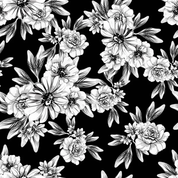 Naadloze Vintage Stijl Bloemenpatroon Floral Elementen Zwart Wit — Stockvector