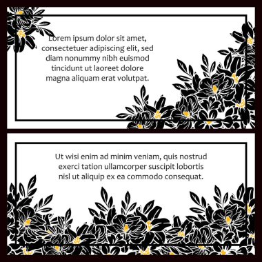 Siyah-beyaz klasik çiçek düğün kartları. Çiçek elementleri ve çerçeveleri.