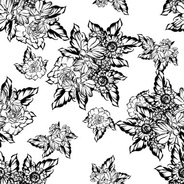 Sorunsuz vintage tarzı çiçek deseni. Siyah ve beyaz çiçek öğeleri.