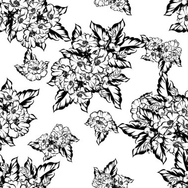 Sorunsuz vintage tarzı çiçek deseni. Siyah ve beyaz çiçek öğeleri.