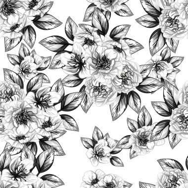 Sorunsuz vintage tarzı çiçek deseni. Siyah ve beyaz çiçek öğeleri.