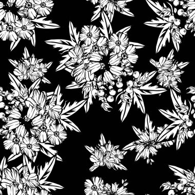 Sorunsuz vintage tarzı çiçek deseni. Siyah ve beyaz çiçek öğeleri.