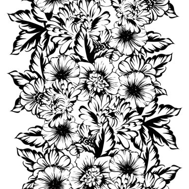 Sorunsuz vintage tarzı çiçek deseni. Siyah ve beyaz çiçek öğeleri.