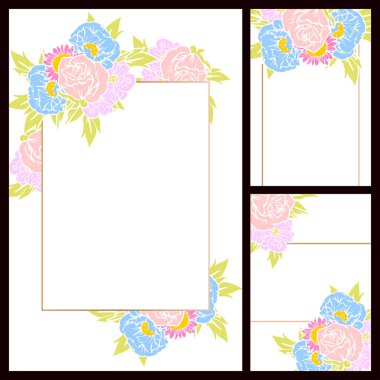Klasik çiçek düğün kartları seti. Çiçek elementleri ve çerçeveleri.