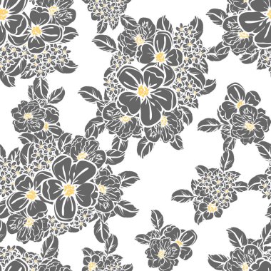 Sorunsuz vintage tarzı çiçek deseni. Siyah ve beyaz çiçek öğeleri.