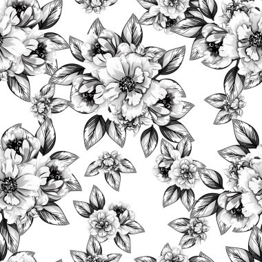 Sorunsuz vintage tarzı çiçek deseni. Siyah ve beyaz çiçek öğeleri.
