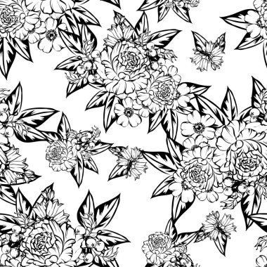 Sorunsuz vintage tarzı çiçek deseni. Siyah ve beyaz çiçek öğeleri.
