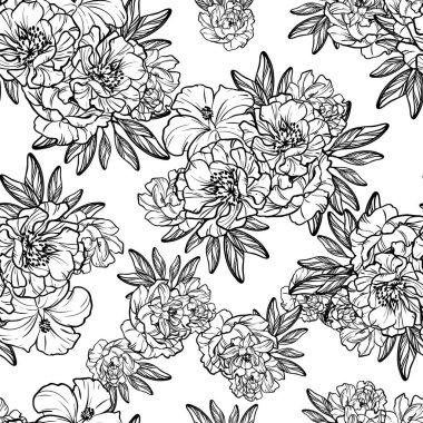 Sorunsuz vintage tarzı çiçek deseni. Siyah ve beyaz çiçek öğeleri.