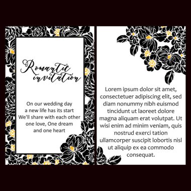 Siyah-beyaz klasik çiçek düğün kartları. Çiçek elementleri ve çerçeveleri.