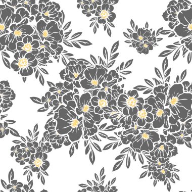 Sorunsuz vintage tarzı çiçek deseni. Siyah ve beyaz çiçek öğeleri.