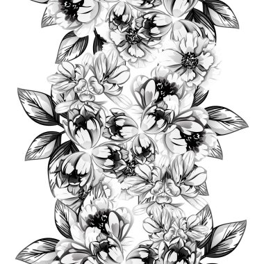 Sorunsuz vintage tarzı çiçek deseni. Siyah ve beyaz çiçek öğeleri.