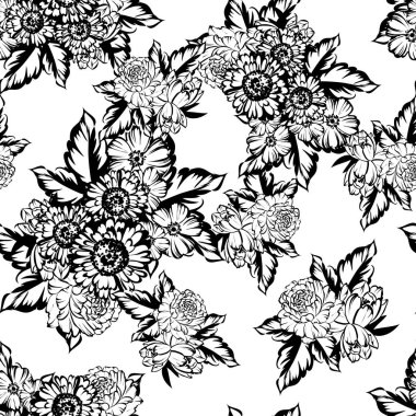 Sorunsuz vintage tarzı çiçek deseni. Siyah ve beyaz çiçek öğeleri.