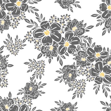 Sorunsuz vintage tarzı çiçek deseni. Siyah ve beyaz çiçek öğeleri.