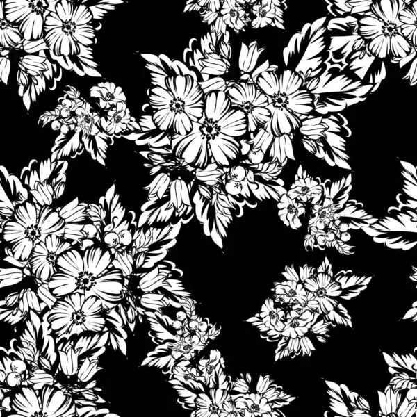 Padrão Flor Estilo Vintage Sem Costura Elementos Florais Preto Branco — Vetor de Stock