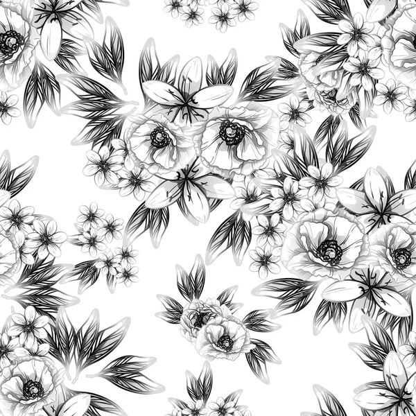 Seamless Vintage Style Flower Pattern Floral Elements Black White — Stock Vector