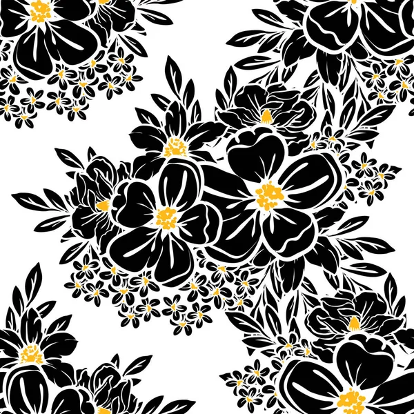 Padrão Flor Estilo Vintage Sem Costura Elementos Florais Preto Branco — Vetor de Stock