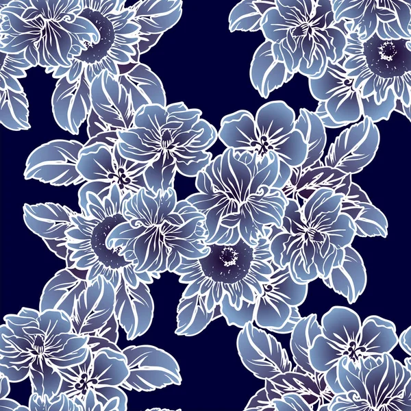 Modèle Fleur Monochrome Sans Couture Style Vintage Éléments Floraux — Image vectorielle