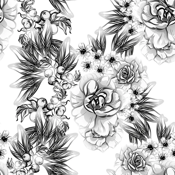 Modèle Fleur Style Vintage Sans Couture Eléments Floraux Noir Blanc — Image vectorielle