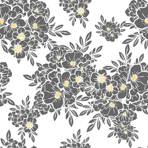 Sorunsuz vintage tarzı çiçek deseni. Siyah ve beyaz çiçek öğeleri.