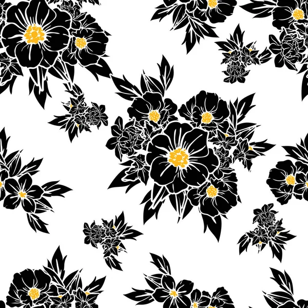 Modèle Fleur Style Vintage Sans Couture Eléments Floraux Noir Blanc — Image vectorielle