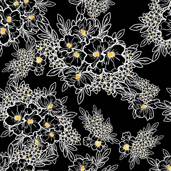 Fără Sudură Stil Vintage Model Flori Elemente Florale Alb Negru — Vector de stoc